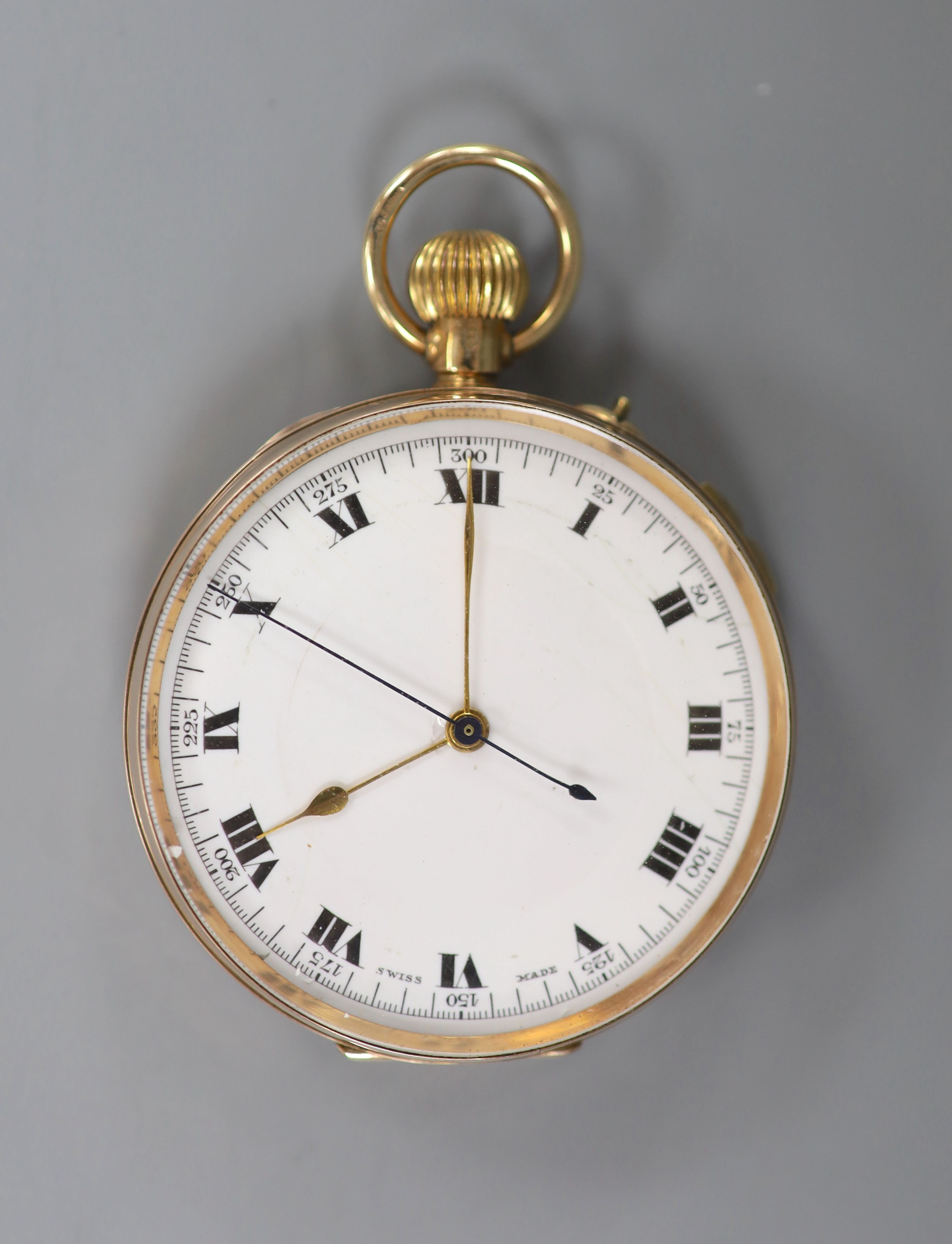 A 1920's 9ct gold open face chronograph keyless pocket watch, case diameter 47mm